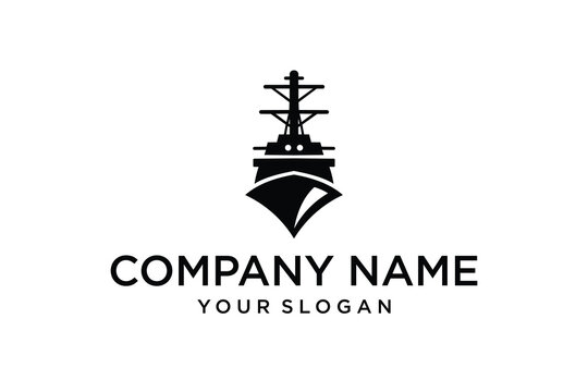 Front View Black and White Naval Ship Logo Design with Superstructure