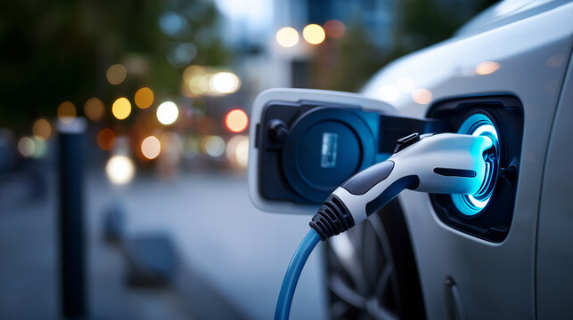 Power supply for electric car charging station close up of power supply plugged into electric car being charged EV charging detail battery power sustainable transportation wit