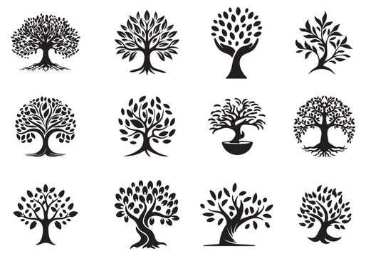 Set of Tree of Life Icons Representing Growth, Nature, and Spiritual Connection