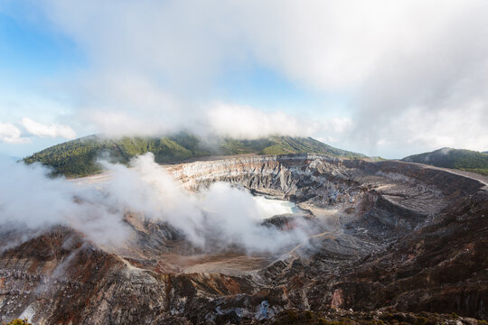 Landscape: Poas volcano emitting smoke, elevated view, Costa Rica