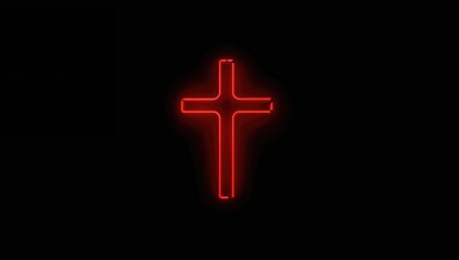 Glowing red neon cross on a dark backdrop