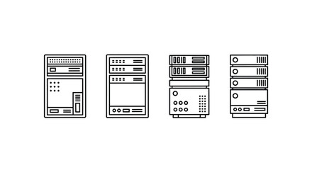 Set of four retro computer server rack units with vintage technology detailing line art style vector