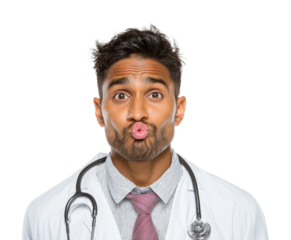 Doctor making funny face medical office portrait light isolated on transparent background