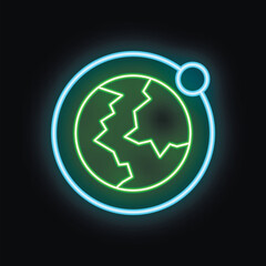 Green neon icon of a broken planet earth with cracks on its surface, orbiting in space with its moon