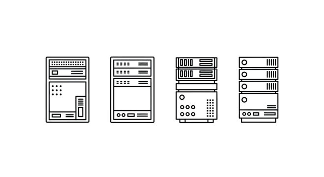 Set of four retro computer server rack units with vintage technology detailing line art style vector