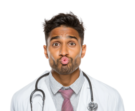 Doctor making funny face medical office portrait light isolated on transparent background