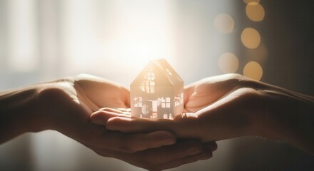 Hands holding a small glowing paper house. Real estate and new home concept. Symbol of family, security, and property insurance