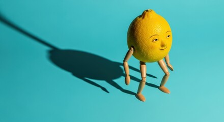 Whimsical Lemon Person with Stick Limbs Against Blue Backdrop with Strong Shadow