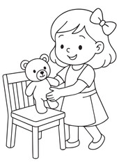 coloring book little girl placing teddy bear on a chair