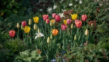 Obraz premium Blooming Tulips Flourish in the Garden, Spring Gardening, Outdoor Theme Background