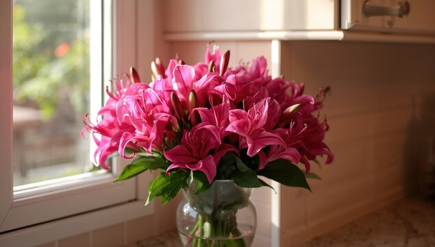 Fuchsia Floral Arrangement on Kitchen Windowsill, ideal for interior decor, Mother's Day