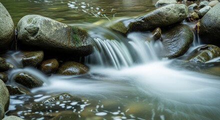 Long Exposure Cascade Stream Flowing Through Rocks in Forest Serene Nature Outdoors Aquatic Scenic Detail Tranquil