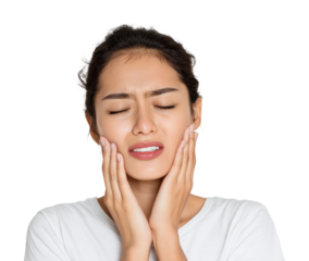 Woman experiencing facial pain portrait isolated on transparent background