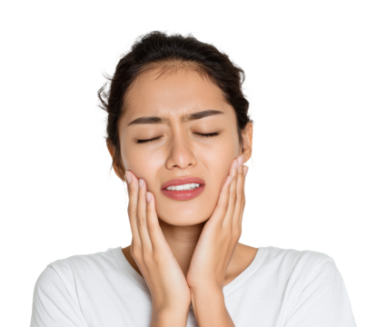 Woman experiencing facial pain portrait isolated on transparent background