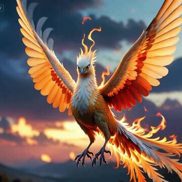 A fiery orange and white bird resembling a phoenix, with flames visible on its tail and head crest, hovers dramatically in the air against a backdrop of a warm sunset over mountains. Its massive wings