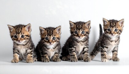 Four adorable tabby kittens, each with unique stripe patterns and bright eyes, sit in a row against a clean white backdrop