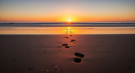 Footprints in the sand leading towards the ocean at sunrise. A conceptual image of a journey, hope, and new beginnings. Golden hour seascape