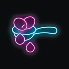 Neon style icon of a spoon pouring medicine with drops falling, representing healthcare and medication