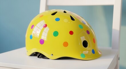 A vibrant yellow child's bicycle helmet with a colorful polka dot pattern. Kids' safety gear for cycling and outdoor activities. Joyful design for active lifestyles