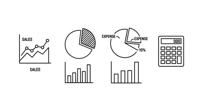 Hand drawn business growth charts pie graphs and calculator icons for financial analysis vector
