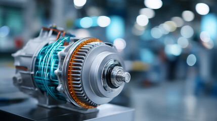 Fototapeta premium Electric system of eco car engine automotive part concept EV motor technology vehicle electrical system green automotive engineering sustainable car component with copy space
