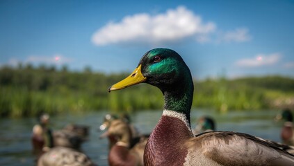Obraz premium Ducks swimming in a river, highlighting urban wildlife interaction