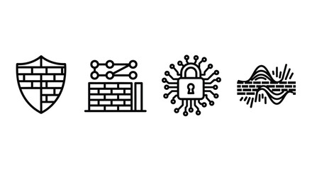 Set of cybersecurity icons featuring firewall padlock network and fingerprint security concepts vector