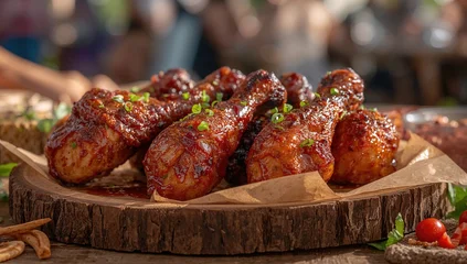 Poster Pantone 2022 very peri BBQ chicken drumsticks coated in sweet mesquite glaze with charred skin from the flames  © TheWaterMeloonProjec