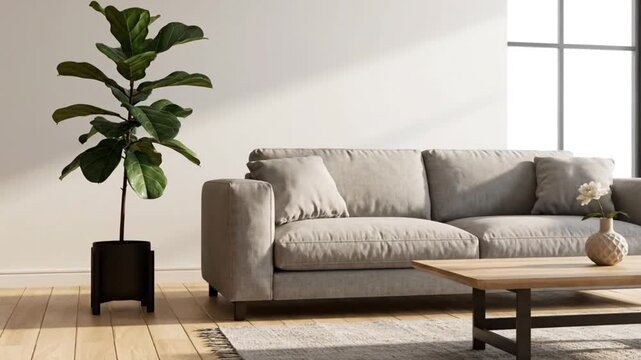 Bright and modern living room with a comfortable grey sofa, coffee table, and fiddle leaf fig plant.