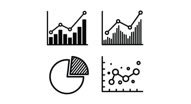 Hand drawn bar charts pie chart and scatter plot icons representing data analysis and growth vector