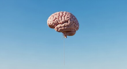 Brain Balloon Floating Against Blue Sky Conceptual Image Idea Mind Mental Health Psychology Memory Intelligence Anatomy Knowledge Surrealism Brainpower Innovation