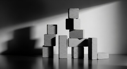 Monochrome Minimalist Arrangement of Concrete Blocks with Shadows against Neutral Background for Industrial Design