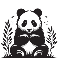 Cute Black and White Panda Vector Illustration. Minimalist and adorable panda sitting among bamboo leaves and birds. Perfect graphic for wildlife, nature, and kids' design.