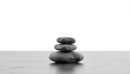 Three dark gray rocks in a stacked formation creating a serene and balanced composition in a minimal monochrome color palette