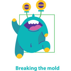 Teal cartoon monster with wide mouth and yellow hands and feet breaking out of a green square frame against a white background with purple accents on antennae
