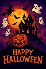 Spooky halloween scene with haunted house ghosts bats and jack o lantern