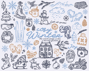 Beauitful cosy set of hand drawn vector winter whimsical illustrations