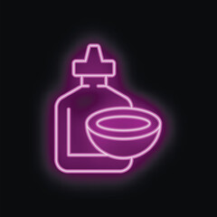 Obraz premium Neon sign depicting coconut oil, shining in vibrant purple, ideal for businesses offering hair and skincare treatments