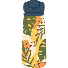 Tall Water Bottle With Tropical Leaf Pattern And Dark Blue Lid Isolated On White Background With No...