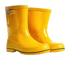 Rainy day adventure yellow rubber boots on wet ground home isolated on transparent background