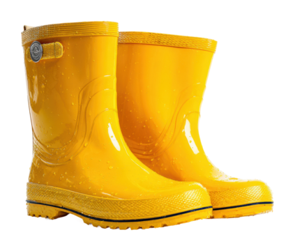 Rainy day adventure yellow rubber boots on wet ground home isolated on transparent background