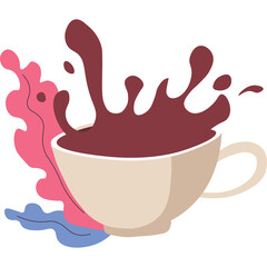 Tan Ceramic Coffee Cup Splashing Dark Red Liquid with Pink and Blue Abstract Shapes on Transparent...