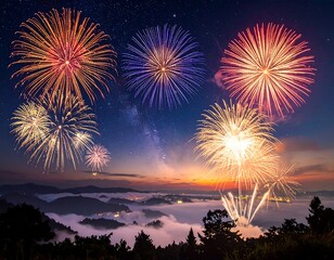 Spectacular fireworks burst over a mountain range during twilight
