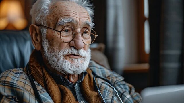 An elderly man with glasses sits comfortably in a chair, focused on reading a tablet. Soft lighting creates a warm atmosphere in the room, suggesting a peaceful afternoon moment