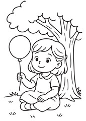 coloring book little girl sitting under a tree holding a balloon