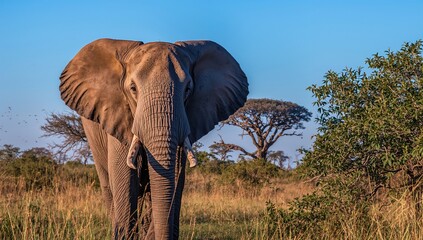 Fototapeta premium An adult elephant in front of a camera, showcasing wildlife observation