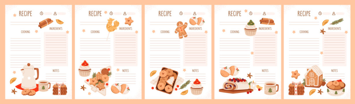Christmas recipe sheets and meal planner pages for cozy holiday cooking and baking. Perfect for cookbook pages, or recipe cards.