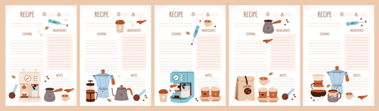 Coffee recipe sheets with espresso cups, beans, and barista tools. Perfect for cafes, menu designs, recipe cards, or planner pages.