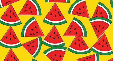 Cheerful Watermelon Slices Pattern on Yellow Background for Refreshing Summer Prints and Playful Textile Design and Wallpapers