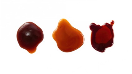 Isolated Drops of Teriyaki, Oyster Sauce, Balsamic Vinegar and Spilled Soy Sauce on White Surface from Above
